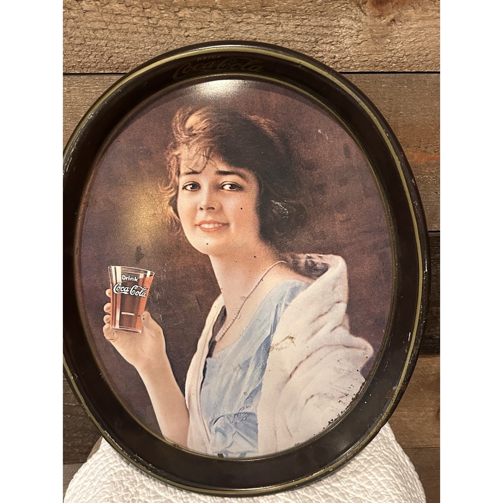 Vtg 1970's COCA-COLA Metal Tin Serving Tray 1920's Woman Flapper Collector Oval